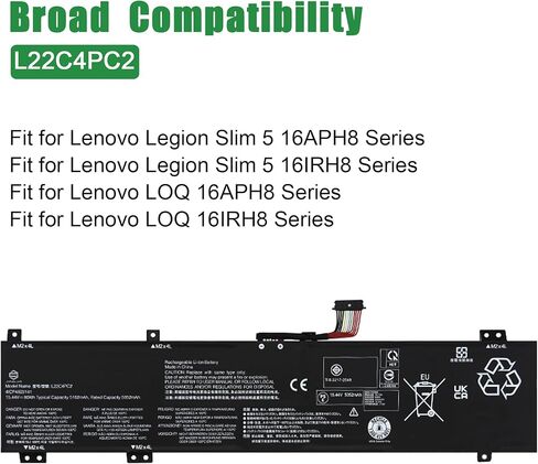 استبدال بطارية الكمبيوتر المحمول L22C4PC2 لجهاز Lenovo Legion Slim 5 16APH8 16IRH8 LOQ 16APH8 16IRH8 Series SB11K38739 5B11K38743 L22D4PC2 SB11K38742 L22B4PC2 L22M4PC2 SB11K38741 15.44V 80 واط ساعة in Kuwait