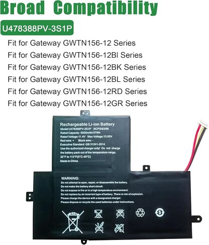 U478388PV-3S1P استبدال بطارية الكمبيوتر المحمول للبوابة GWTN156-12 GWTN156-12BI GWTN156-12BK GWTN156-12BL GWTN156-12RD GWTN156-12GR Series Notebook 478388PV-3S1P أسود 11.4 فولت 37 وات 5000 مللي أمبير في الساعة in Kuwait