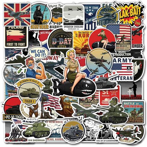 50 Pcs WW2 History Vinyl Sticker Waterproof World War 2 Stickers Historical Decals Water Bottle Notebook Phone Tablet Laptop Bike Skateboard Helmet Christmas Gifts for Teens Students Coworkers in Saudi Arabia