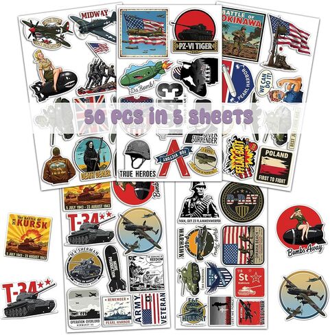 50 Pcs WW2 History Vinyl Sticker Waterproof World War 2 Stickers Historical Decals Water Bottle Notebook Phone Tablet Laptop Bike Skateboard Helmet Christmas Gifts for Teens Students Coworkers in Saudi Arabia