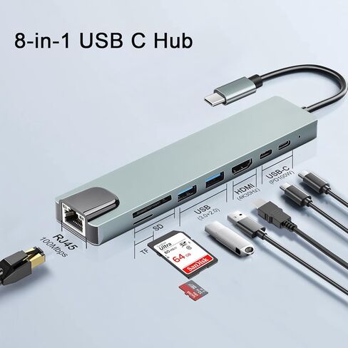 محول USB C Hub متعدد المنافذ لجهاز MacBook Air، دونجل USBC 8 في 1 مع 4K HDMI، RJ45 Ethernet، 100W PD، USB 3.0/2.0، قارئ بطاقة SD/TF، ​​محطة إرساء USB-C لأجهزة MacBook Pro/Air، iPad Pro، XPS، إلخ in Saudi Arabia