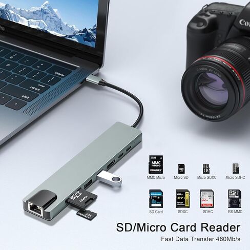 محول USB C Hub متعدد المنافذ لجهاز MacBook Air، دونجل USBC 8 في 1 مع 4K HDMI، RJ45 Ethernet، 100W PD، USB 3.0/2.0، قارئ بطاقة SD/TF، ​​محطة إرساء USB-C لأجهزة MacBook Pro/Air، iPad Pro، XPS، إلخ in Saudi Arabia