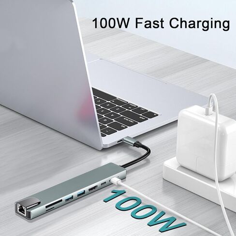 محول USB C Hub متعدد المنافذ لجهاز MacBook Air، دونجل USBC 8 في 1 مع 4K HDMI، RJ45 Ethernet، 100W PD، USB 3.0/2.0، قارئ بطاقة SD/TF، ​​محطة إرساء USB-C لأجهزة MacBook Pro/Air، iPad Pro، XPS، إلخ in Saudi Arabia