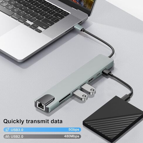 محول USB C Hub متعدد المنافذ لجهاز MacBook Air، دونجل USBC 8 في 1 مع 4K HDMI، RJ45 Ethernet، 100W PD، USB 3.0/2.0، قارئ بطاقة SD/TF، ​​محطة إرساء USB-C لأجهزة MacBook Pro/Air، iPad Pro، XPS، إلخ in Saudi Arabia