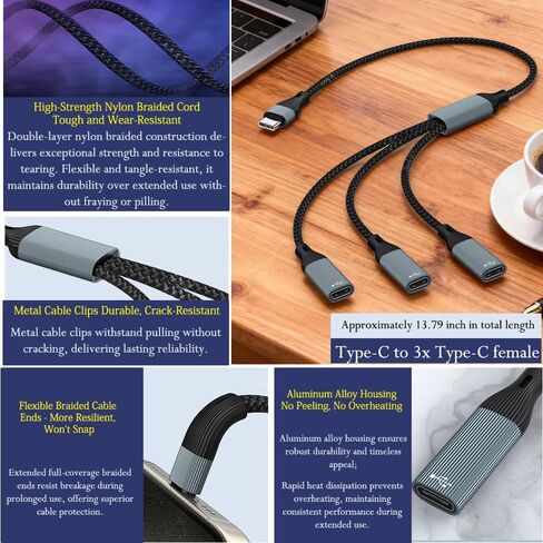مقسم Typec 1 في 3 خارج 1 قدم، كابل USB Y، محول سلك تمديد USB A ذكر إلى أربعة أنثى، محور موسع متعدد المنافذ 3 منافذ، شاحن طاقة بيانات مزدوج منفصل in Saudi Arabia
