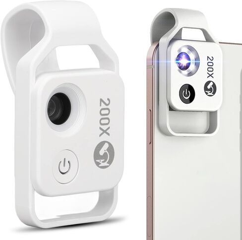200X Phone Mini Microscope, Lens with LED Light, CPL for Reflective Objects, Clip Design for iOS/Android, Microworld for Kids and Adults (White) in Saudi Arabia