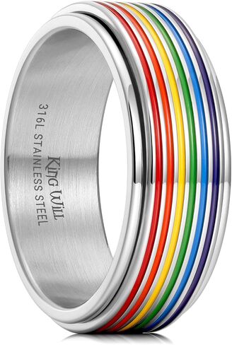 King Will Pride Rainbow Rings- Love is Love Wedding Band, 8mm Width Promise Ring in Black/Silver/Gold with Inner Outer Rainbow Plated Comfort Fit Size 7-14 in Saudi Arabia