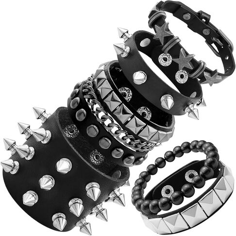6 Pcs Punk Rock Spiked Studded Bracelets Set for Women Men 80s Alt Gothic Grunge Emo Bracelets Accessories Retro Beaded Star Y2K Cuff Bracelet PU Snap Button Wristband for Rocker Outfits in Kuwait