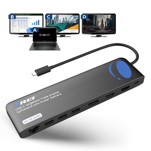 OREI SPLITEXTEND المحمول محطة إرساء محطة 4K Triple Monter - 2x USB 3.0 ، 1x Type -C ، قارئ بطاقة SD - محول USB -C إلى شاشة HDMI 2.0 الموسعة ، مخرجات 4K@30Hz - 100W PD in Kuwait
