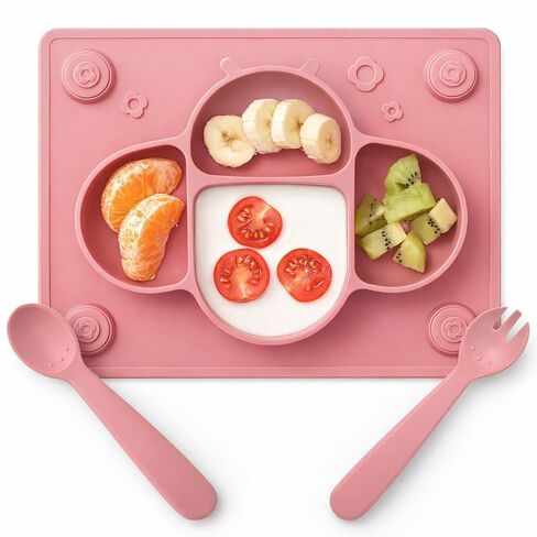 Suction Plates for Baby placemat Spoon Fork Set for Toddlers, Silicone Baby Plates with Suction Baby Dishes for Kids Plates-Dusty blue in Saudi Arabia