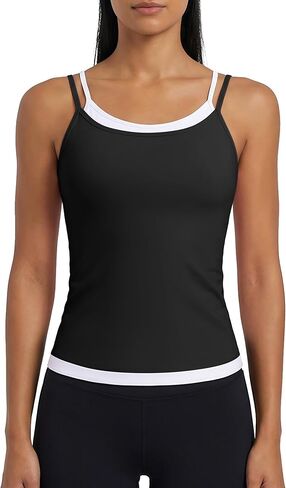 ATTRACO Women Double Spaghetti Strap Workout Tank Tops Ruched Athletic Tank Top with Bulit in Bra Color Block Camisoles in Saudi Arabia