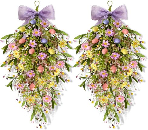 2 Pack 23'' Valentines Day Swag Wreaths for Front Door Valentines Teardrop Wreath Artificial Red Pink Heart Shaped Berries Hanger with Ribbon Gift Farmhouse Hanging Decor for Outdoor Window Wall in Saudi Arabia