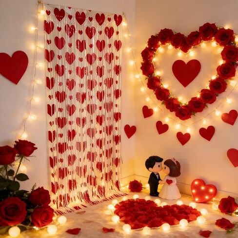 2 حزمة من الستائر ذات شراشيب على شكل قلب أحمر لعيد الحب، خلفية زينة للحفلات بطابع قلب أحمر مقاس 3.28 قدم × 6.56 قدم لعيد الحب، وعيد جالنتين، والذكرى السنوية in Kuwait