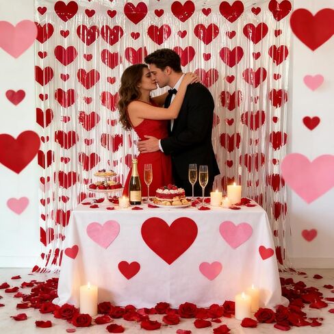 2 حزمة من الستائر ذات شراشيب على شكل قلب أحمر لعيد الحب، خلفية زينة للحفلات بطابع قلب أحمر مقاس 3.28 قدم × 6.56 قدم لعيد الحب، وعيد جالنتين، والذكرى السنوية in Kuwait