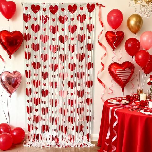 2 حزمة من الستائر ذات شراشيب على شكل قلب أحمر لعيد الحب، خلفية زينة للحفلات بطابع قلب أحمر مقاس 3.28 قدم × 6.56 قدم لعيد الحب، وعيد جالنتين، والذكرى السنوية in Kuwait