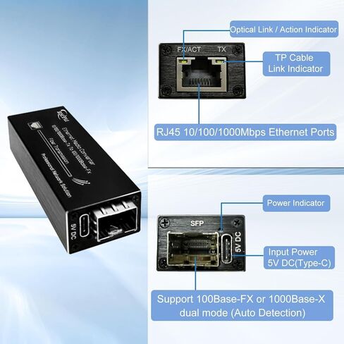 محول وسائط ميني جيجابت، 10/100/1000 ميجابت في الثانية RJ45 إلى 1310 نانومتر من الألياف أحادية الوضع، وحدة SFP بطول 20 كم، مدخل طاقة USB من النوع C وDC 5 ~ 15 فولت in Kuwait