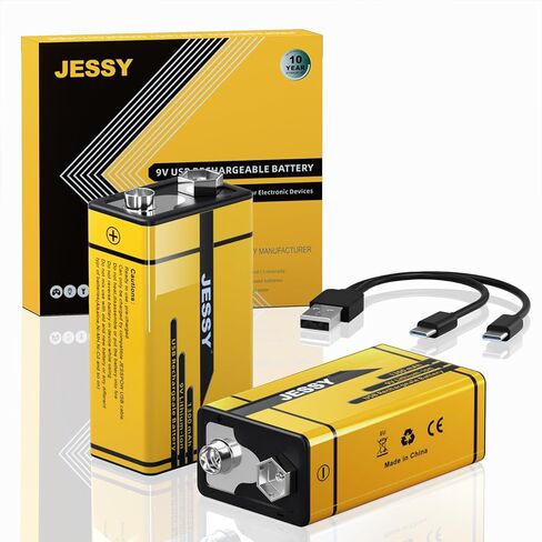 2 Pack 9V Rechargeable Batteries USB Rechargeable,1300mAh Long Lasting Lithium Batteries, USB-C Recharge with 2 in 1 Charging Cable for Smoke Alarms Detectors, Microphones, Alarms, Electric Guitar in Kuwait