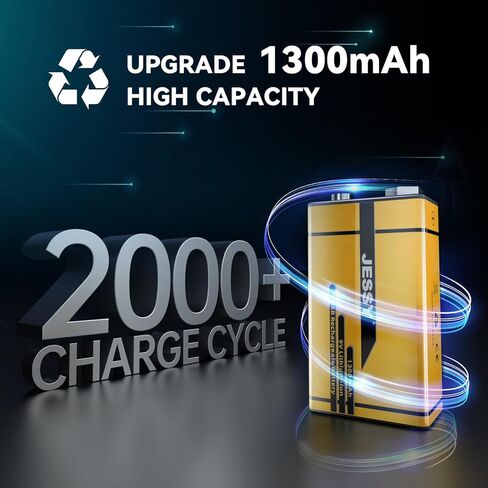 2 Pack 9V Rechargeable Batteries USB Rechargeable,1300mAh Long Lasting Lithium Batteries, USB-C Recharge with 2 in 1 Charging Cable for Smoke Alarms Detectors, Microphones, Alarms, Electric Guitar in Kuwait