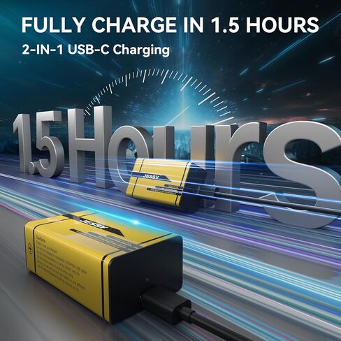 2 Pack 9V Rechargeable Batteries USB Rechargeable,1300mAh Long Lasting Lithium Batteries, USB-C Recharge with 2 in 1 Charging Cable for Smoke Alarms Detectors, Microphones, Alarms, Electric Guitar in Kuwait