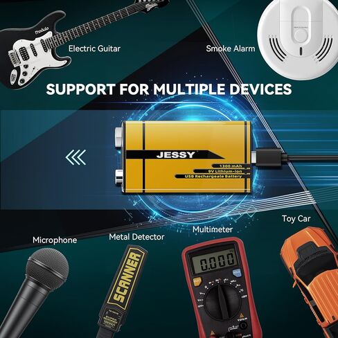 2 Pack 9V Rechargeable Batteries USB Rechargeable,1300mAh Long Lasting Lithium Batteries, USB-C Recharge with 2 in 1 Charging Cable for Smoke Alarms Detectors, Microphones, Alarms, Electric Guitar in Kuwait