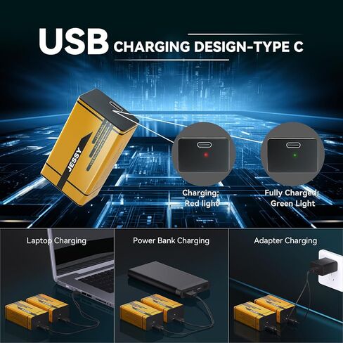 2 Pack 9V Rechargeable Batteries USB Rechargeable,1300mAh Long Lasting Lithium Batteries, USB-C Recharge with 2 in 1 Charging Cable for Smoke Alarms Detectors, Microphones, Alarms, Electric Guitar in Kuwait