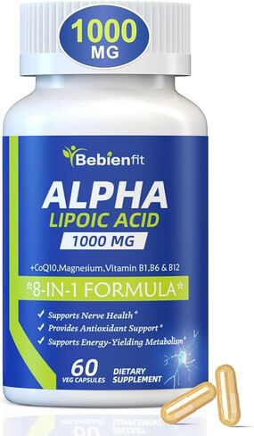 كبسولات مكملات الاعتلال العصبي حمض ألفا ليبويك 1000 ملغ، 8 في 1 ALA لصحة الأعصاب في اليدين والقدمين، والجهاز العصبي ومضادات الأكسدة مع جليسينات المغنيسيوم، ومرافق الإنزيم Q10 وB1، وB6، وB12 - نباتية، 120 كبسولة in Kuwait