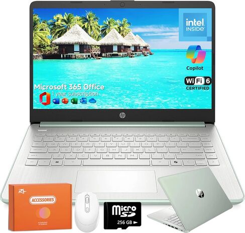 HP 14 Inch Student Business Laptop, Intel N150 CPU, 4 GB RAM, 384 GB Storage(128GB UFS+256GB MSD), 14" Anti-Glare, Wi-Fi 6, Copilot AI, 1 Year Microsoft 365, Willow Green, Windows 11 Pro,W/Mouse in Kuwait