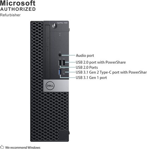 كمبيوتر مكتبي Dell Optiplex 7060 SFF، Intel Core i7-8700، ذاكرة وصول عشوائي DDR4 سعة 16 جيجابايت، SSD 256 جيجابايت، لوحة مفاتيح وماوس، منافذ DisplayPorts، HDMI، VGA، Windows 11 Pro (متجدد) in Kuwait