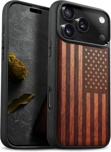 حافظة خشبية مغناطيسية من Carveit لهاتف iPhone 17 Pro، منقوشة بحرفية خشبية وغطاء أسود ناعم من مادة TPU مقاوم للصدمات، متوافق مع شواحن MagSafe اللاسلكية (الحبوب الطبيعية) الجوز in Kuwait