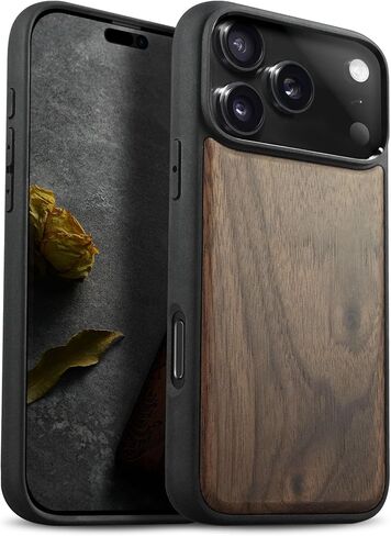 حافظة خشبية مغناطيسية من Carveit لهاتف iPhone 17 Pro، منقوشة بحرفية خشبية وغطاء أسود ناعم من مادة TPU مقاوم للصدمات، متوافق مع شواحن MagSafe اللاسلكية (الحبوب الطبيعية) الجوز in Kuwait