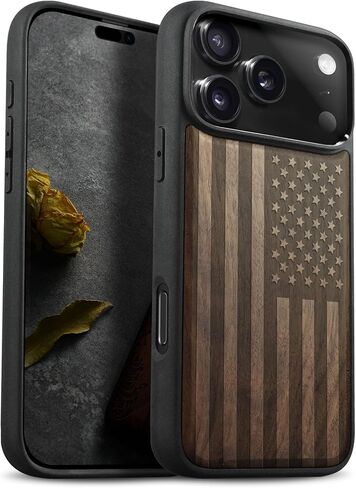 حافظة خشبية مغناطيسية من Carveit لهاتف iPhone 17 Pro، منقوشة بحرفية خشبية وغطاء أسود ناعم من مادة TPU مقاوم للصدمات، متوافق مع شواحن MagSafe اللاسلكية (الحبوب الطبيعية) الجوز in Kuwait