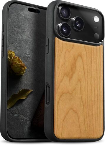حافظة خشبية مغناطيسية من Carveit لهاتف iPhone 17 Pro، منقوشة بحرفية خشبية وغطاء أسود ناعم من مادة TPU مقاوم للصدمات، متوافق مع شواحن MagSafe اللاسلكية (الحبوب الطبيعية) الجوز in Kuwait