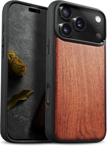حافظة خشبية مغناطيسية من Carveit لهاتف iPhone 17 Pro، منقوشة بحرفية خشبية وغطاء أسود ناعم من مادة TPU مقاوم للصدمات، متوافق مع شواحن MagSafe اللاسلكية (الحبوب الطبيعية) الجوز in Kuwait