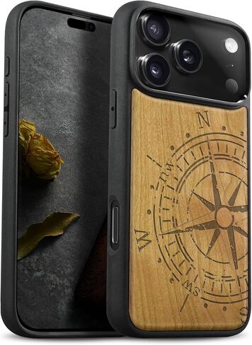 حافظة خشبية مغناطيسية من Carveit لهاتف iPhone 17 Pro، منقوشة بحرفية خشبية وغطاء أسود ناعم من مادة TPU مقاوم للصدمات، متوافق مع شواحن MagSafe اللاسلكية (الحبوب الطبيعية) الجوز in Kuwait