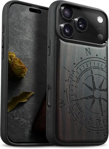 حافظة خشبية مغناطيسية من Carveit لهاتف iPhone 17 Pro، منقوشة بحرفية خشبية وغطاء أسود ناعم من مادة TPU مقاوم للصدمات، متوافق مع شواحن MagSafe اللاسلكية (الحبوب الطبيعية) الجوز in Kuwait