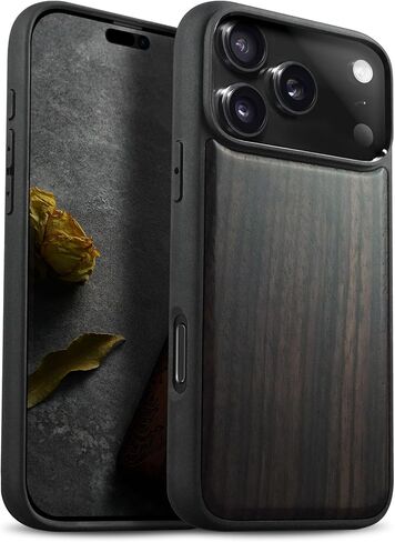حافظة خشبية مغناطيسية من Carveit لهاتف iPhone 17 Pro، منقوشة بحرفية خشبية وغطاء أسود ناعم من مادة TPU مقاوم للصدمات، متوافق مع شواحن MagSafe اللاسلكية (الحبوب الطبيعية) الجوز in Kuwait