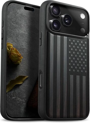 حافظة خشبية مغناطيسية من Carveit لهاتف iPhone 17 Pro، منقوشة بحرفية خشبية وغطاء أسود ناعم من مادة TPU مقاوم للصدمات، متوافق مع شواحن MagSafe اللاسلكية (الحبوب الطبيعية) الجوز in Kuwait