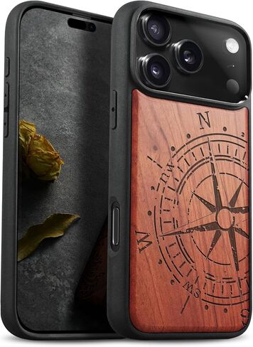 حافظة خشبية مغناطيسية من Carveit لهاتف iPhone 17 Pro، منقوشة بحرفية خشبية وغطاء أسود ناعم من مادة TPU مقاوم للصدمات، متوافق مع شواحن MagSafe اللاسلكية (الحبوب الطبيعية) الجوز in Kuwait