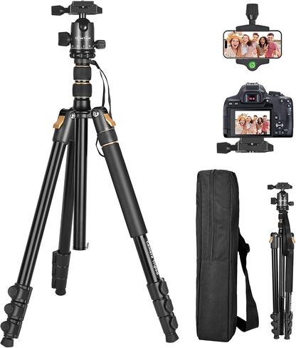 76.38" Camera Tripod Fits DSLR/Mirrorless/Phone, 11lb Load, Quick Release, Aluminum Legs, 18.5" to 76.38" Adjustable, 3.7lbs Lightweight for Travel/Live Stream/Vlog/Photography, Black in Saudi Arabia