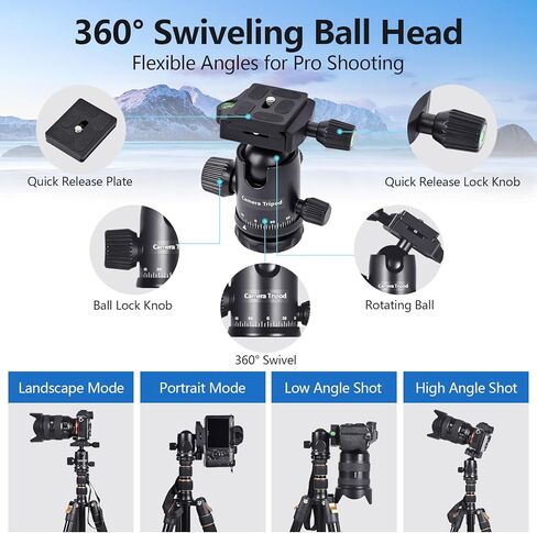 76.38" Camera Tripod Fits DSLR/Mirrorless/Phone, 11lb Load, Quick Release, Aluminum Legs, 18.5" to 76.38" Adjustable, 3.7lbs Lightweight for Travel/Live Stream/Vlog/Photography, Black in Saudi Arabia