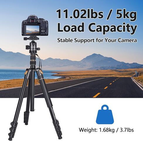 76.38" Camera Tripod Fits DSLR/Mirrorless/Phone, 11lb Load, Quick Release, Aluminum Legs, 18.5" to 76.38" Adjustable, 3.7lbs Lightweight for Travel/Live Stream/Vlog/Photography, Black in Saudi Arabia