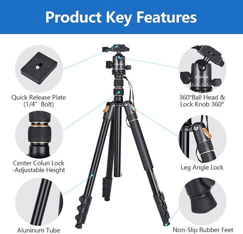 76.38" Camera Tripod Fits DSLR/Mirrorless/Phone, 11lb Load, Quick Release, Aluminum Legs, 18.5" to 76.38" Adjustable, 3.7lbs Lightweight for Travel/Live Stream/Vlog/Photography, Black in Saudi Arabia
