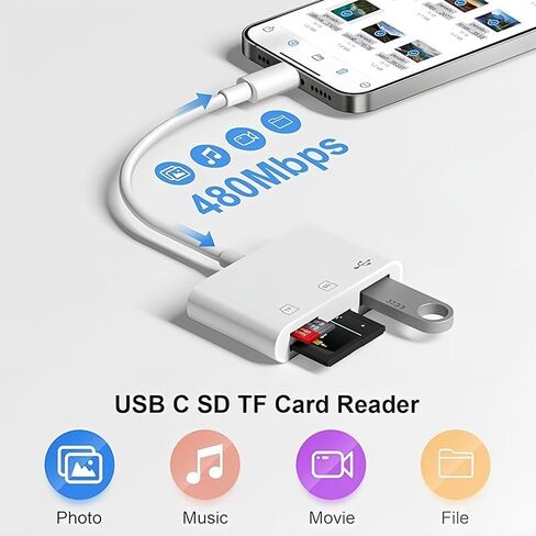 USB C SD Card Reader, Memory Card Reader with Three Slot for SD/TF/OTG Card, Plug and Play for iPhone 14/13/12/11 Pro Max/XS MAX/XR/XS/iPad, White in Saudi Arabia