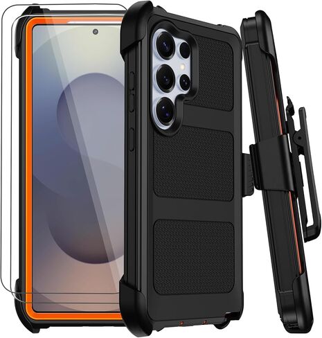 for Samsung Galaxy S25 Ultra Case with Belt Clip Holster,Military Grade Anti-Drop Shockproof Defender Phone Cases 2X Screen Protectors,2 Layers Rugged Heavy Duty Protective Bumper Cover (Black) in Saudi Arabia