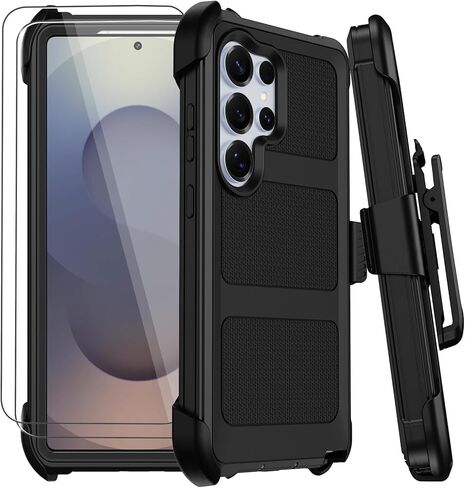 for Samsung Galaxy S25 Ultra Case with Belt Clip Holster,Military Grade Anti-Drop Shockproof Defender Phone Cases 2X Screen Protectors,2 Layers Rugged Heavy Duty Protective Bumper Cover (Black) in Saudi Arabia