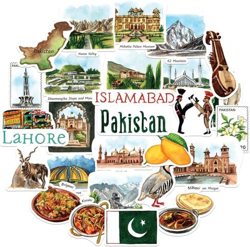 Navy Peony Picturesque Pakistan Travel Stickers (28pcs) - Watercolor, Islamabad, Pakistani Heritage-Themed Decals for Journals, Scrapbooks, Luggage in Saudi Arabia