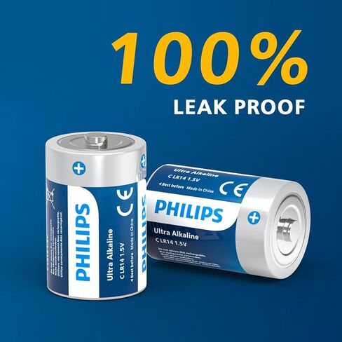 بطاريات PHILIPS C بقدرة 6700 مللي أمبير في الساعة بطارية خلية قلوية بحجم C تدوم طويلاً للغاية 1.5 فولت R14 للأجهزة المنزلية والمكتبية لمدة 10 سنوات in Saudi Arabia