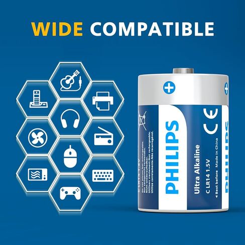 بطاريات PHILIPS C بقدرة 6700 مللي أمبير في الساعة بطارية خلية قلوية بحجم C تدوم طويلاً للغاية 1.5 فولت R14 للأجهزة المنزلية والمكتبية لمدة 10 سنوات in Saudi Arabia