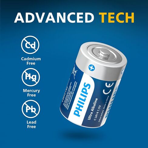 بطاريات PHILIPS C بقدرة 6700 مللي أمبير في الساعة بطارية خلية قلوية بحجم C تدوم طويلاً للغاية 1.5 فولت R14 للأجهزة المنزلية والمكتبية لمدة 10 سنوات in Saudi Arabia