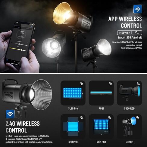 NEEWER CB60B 70W LED Video Light with 28"/70cm Parabolic Softbox Bowens, 2.4G&APP Control, COB Bi Color 2700K-6500K 34000Lux at 1m/CCT Mode/CRI97+/12 Scenes/Bowens Mount Continuous Output Lighting in Saudi Arabia